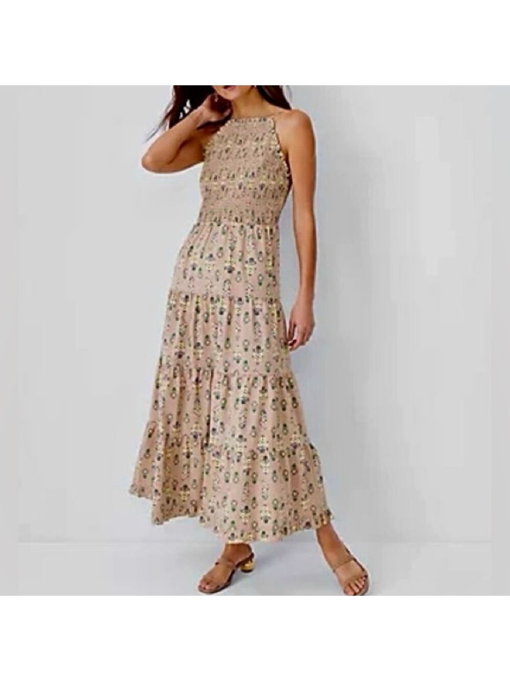 Like New Ann Taylor Smocked Floral Tiered Halter Maxi Dress Whiskey Cream MP